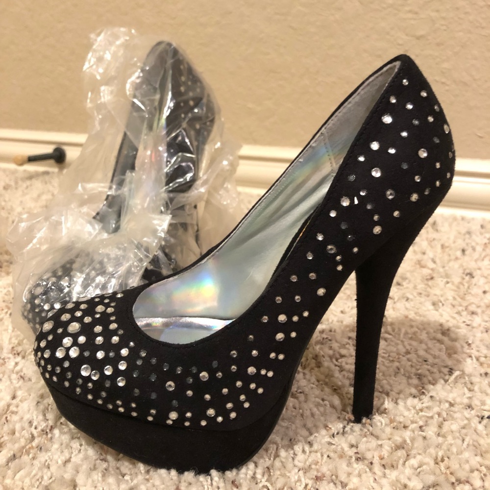 D brand Brand never worn still in plastic black suede platform heels rhinestones